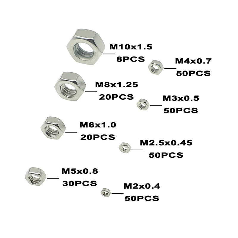 M2 M2.5 M3 M4 M5 M6 M8 M10 Stainless Steel Hex Nuts Assortment Kit for Screws and Bolts M2M2.5M3M4M5M6M8M10