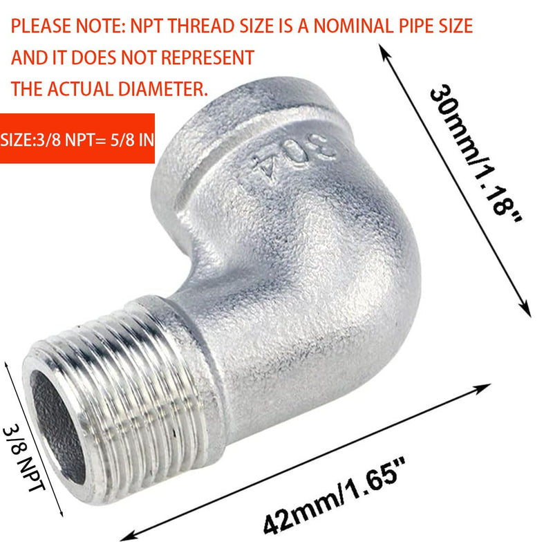 2Pcs 304 Stainless Steel 90 Degree Elbow 3/8" NPT Threaded Pipe Fitting Female x Male 3/8" MNPT × 3/8" FNPT
