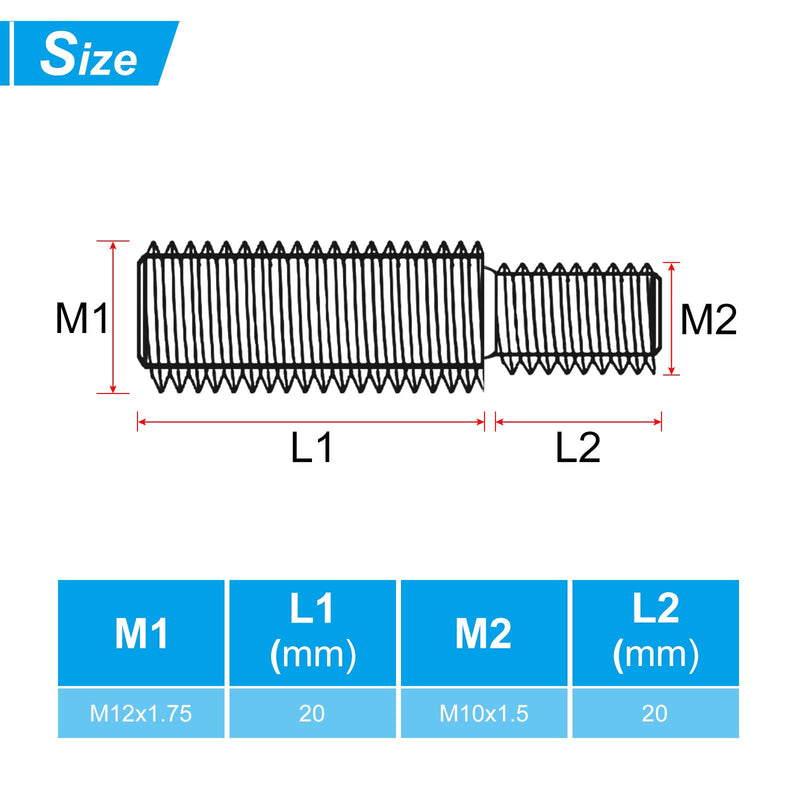 PATIKIL M10x20mm to M12x20mm Double End Threaded Stud Screw Bolt, 10 Pack 304 Stainless Steel Rod Bolts Thread Reducer Adapter for Furniture Fastener, Hardware Connectors