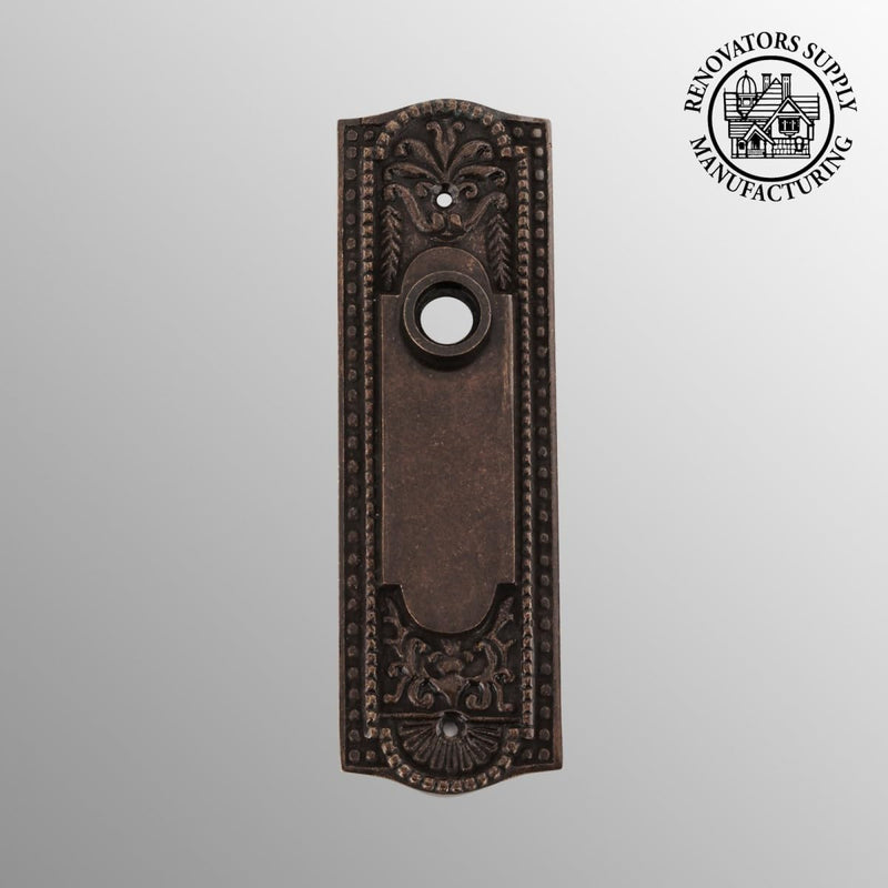 Renovators Supply Manufacturing Door Back Plate Brass 7 1/4 in. Escutcheon Cover Ornate Doorplate in Antique Brass Finish