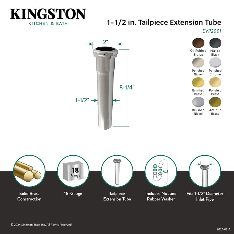 Kingston Brass EVP2007 Century 1-1/2" x 8" Slip Joint Tailpiece Extension Tube, Brushed Brass