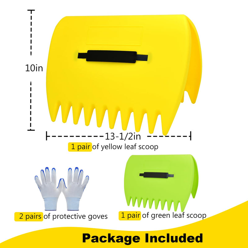 2 Sets Leaf Scoops Hand Rakes, Leaf Scoops and Claws with 2 Pairs Gloves, Lightweight Plastic Leaf Scoop, Large Leaf Grabbers for Picking Up Leaves, Clippings, Grass(2 Sets,Yellow+Green) 2 Sets,Yellow+Green