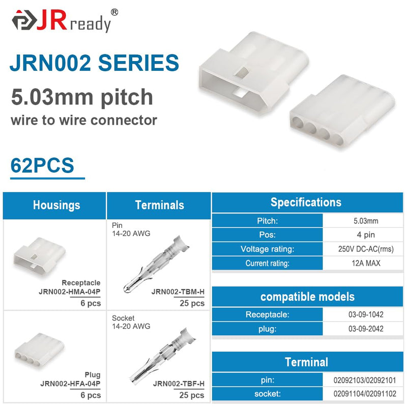JRready ST6417 Standard.093" Pin and Socket Power Connectors 4 Circuits (6 Matched Sets),14-20 AWG，Compatible with Molex Standard.093" 4 Pin Male& Female Connector, 5.03 mm Pitch, Free Hanging