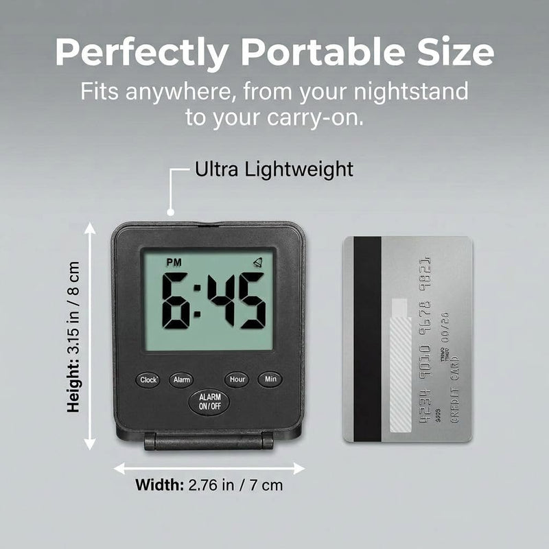Digital Travel Alarm Clock - No Bells, No Whistles, Simple Basic Operation, Loud Alarm, Snooze, Small and Light, ON/Off Switch, 2 AAA Battery Powered, Black