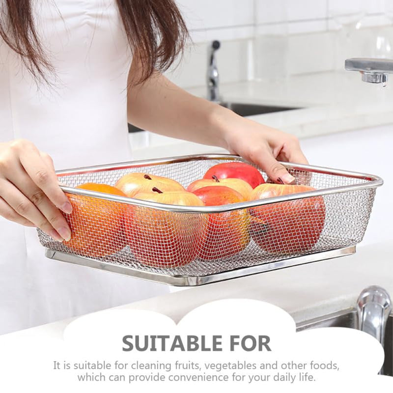 Cabilock Stainless Steel Drain Basket 13.38 X 9.84 X 3.14 Inch Fine Mesh Vegetable Fruit Strainer Kitchen Sink Colander for Food Rinsing and Draining