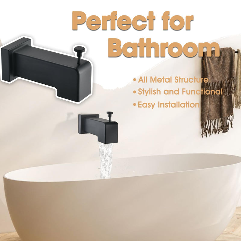 Slip On Diverter Tub Spout, Sleek Square Design for Bathroom, Fits 1/2" Copper Pipe (5/8" OD), Child-Safe Rounded Edges, Easy Installation, Matte Black