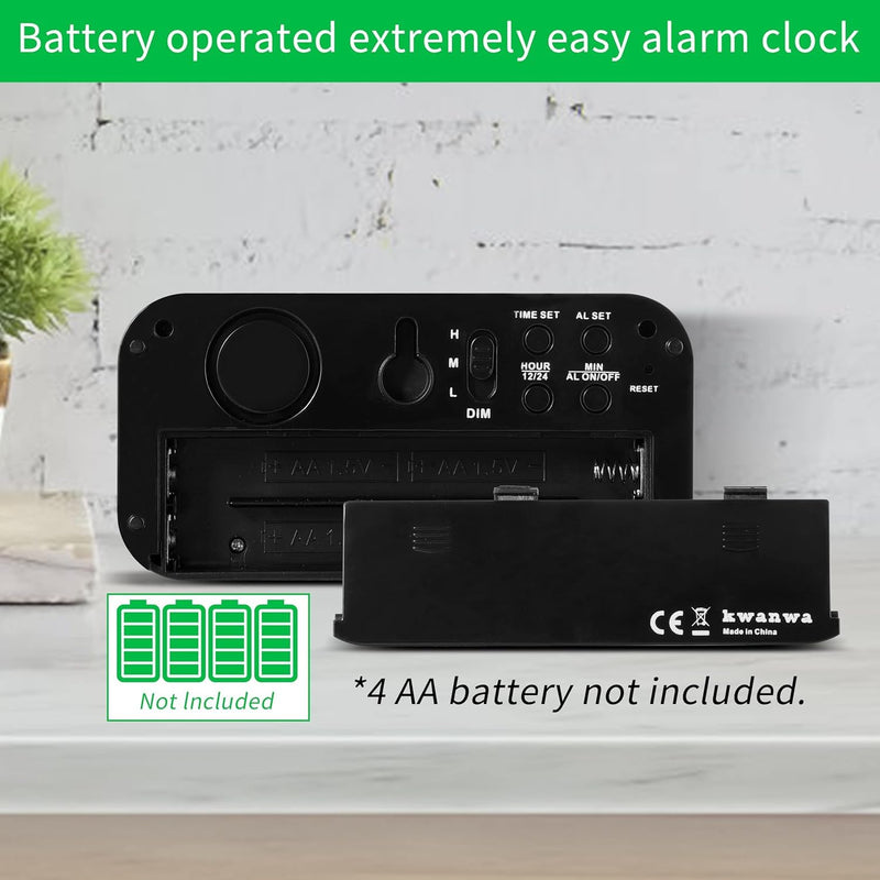 Alarm Clock, LED Digital Clock, Small Wall Clock, Battery Operated, Adjustable 3-Level Led Brightness, Dim Night Mode, 12/24Hr, Cordless, Constantly 1.2'' Digits Display for Bedroom/Travel,Easy to Set Black Case-red Led