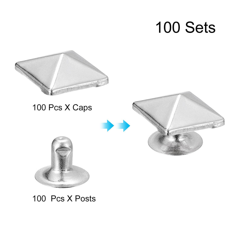 uxcell 100 Sets Spike Rivet, 10mm Pyramid Rapid Rivet Studs Square Punk Spikes Leathercraft Decoration for Clothing Belts Bags Shoes, Silver Tone