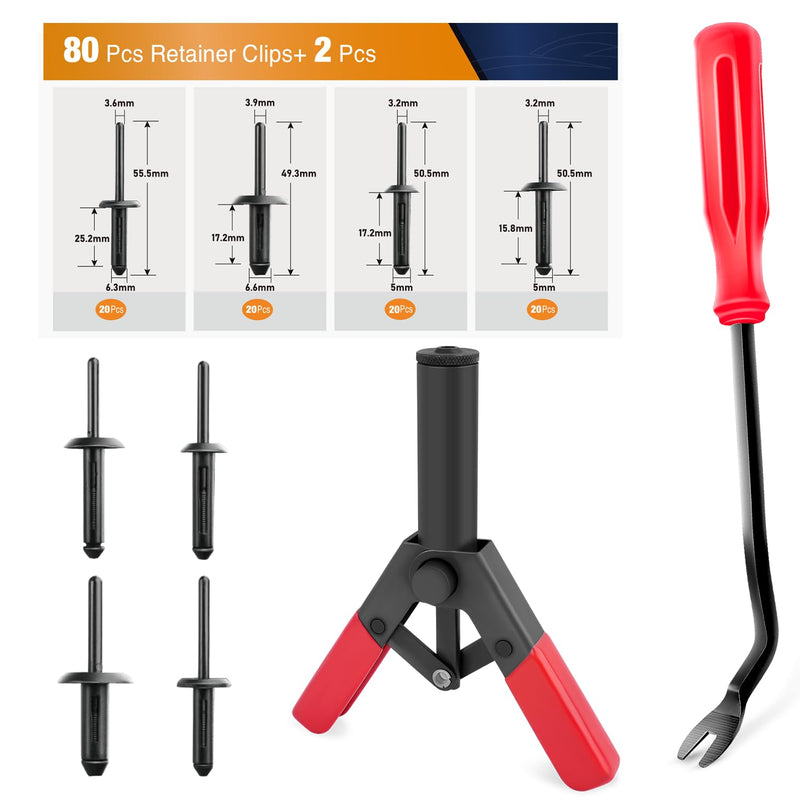 GOOACC 82Pcs Plastic Rivet Gun Set with Fastener Remover Pop Rivet Assortment - for All Plastic Rivets Safe Metal or Plastic Clips Removal for Installing and Removing Car Door Upholstery 80Pcs Rivet Set + 2 Remover