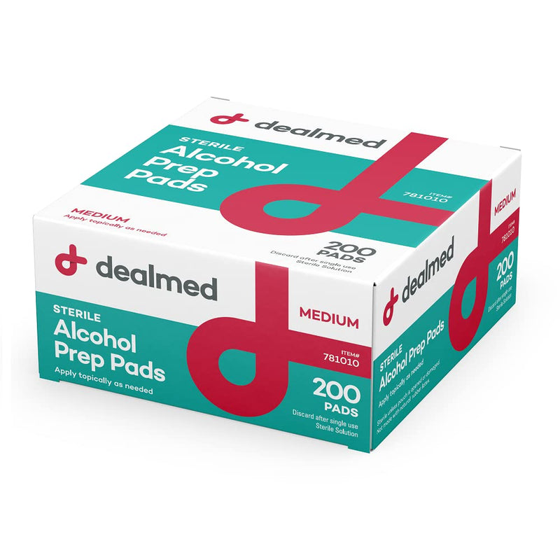 Dealmed Alcohol Prep Pads – 200 Count Medium Size Alcohol Pads, Latex-Free Alcohol Wipes, Gamma Sterilized Wound Care Products for a First Aid Kit and Medical Facilities 200 Count (Pack of 1)
