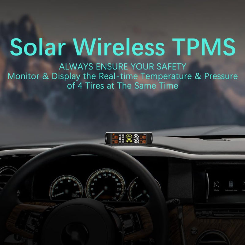 Tire Pressure Monitoring System - TPMS Tire Pressure Monitor System with Solar Charger, TPMS with 4 External sensors & 5 Alarm Modes, LCD Real-time Display, Auto Sleep Mode, Easy to Install(Orange) 4-Sensors-Red