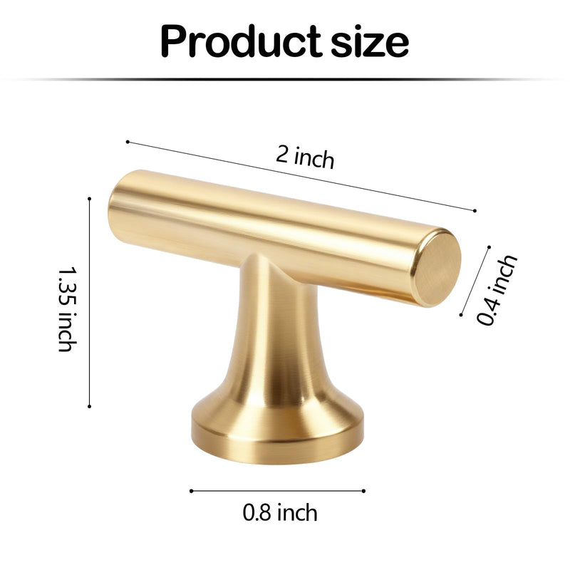 Premium Brushed Satin Gold T-Bar Drawer Pulls 6 Pack, Matte Anti-Fingerprint Solid Zinc Alloy for Kitchen, Bathroom Vanity, Dresser, Wardrobe Matte Brushed Gold