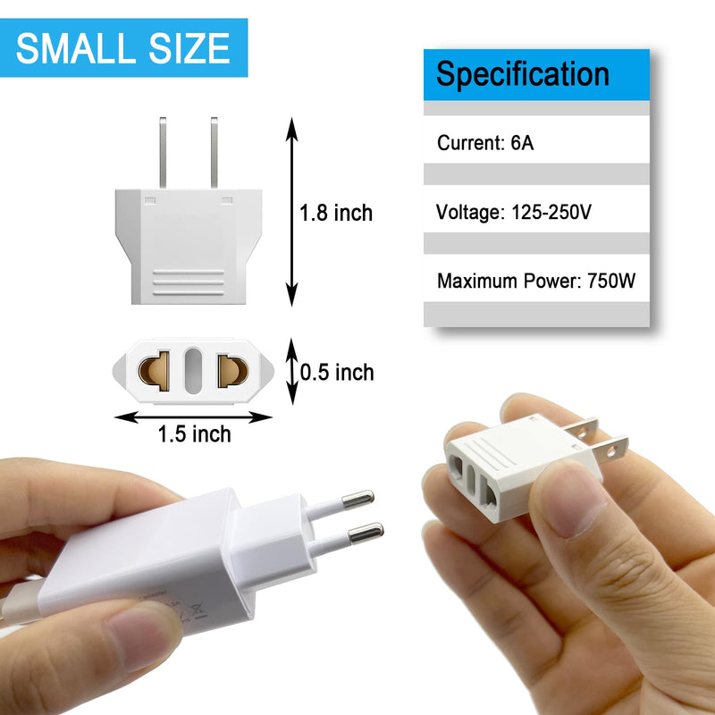 4 Pack Europe to US Plug Adapter, Plug Adapter European to American, 220v to 110v Adapter Plug Converter, EU to US Plug Adapter, Power Travel Adapters European to American 4 White