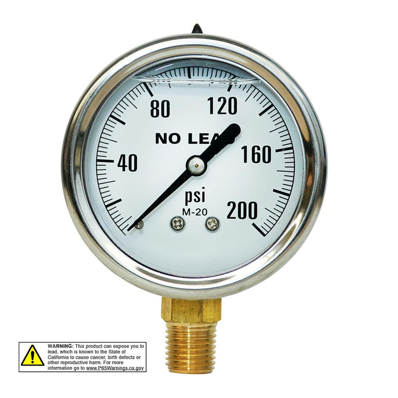 Merrill MFG 2-1/2" Liquid Filled Pressure Gauge, 0–100 PSI/kPa, Stainless Steel Case, 1/4" NPT Lower Mount, No-Lead, Vibration-Resistant (100 PSI Range) 100 PSI