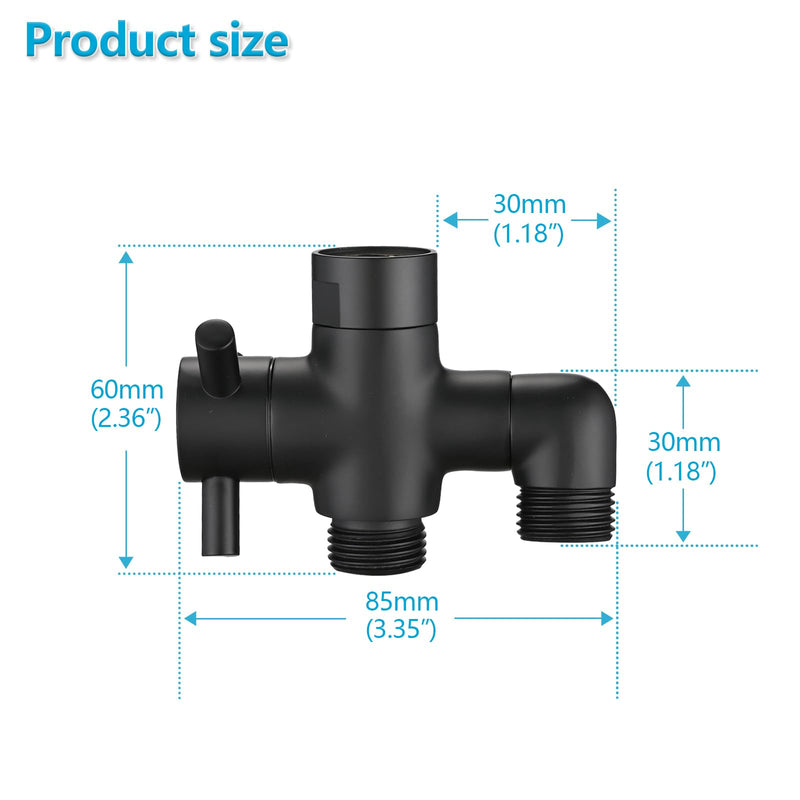 PDPBath Brass 3 Way Shower Arm Diverter Valve for Handheld Shower Head and Fixed Shower Head, G1/2 Universal Connection - Matte Black