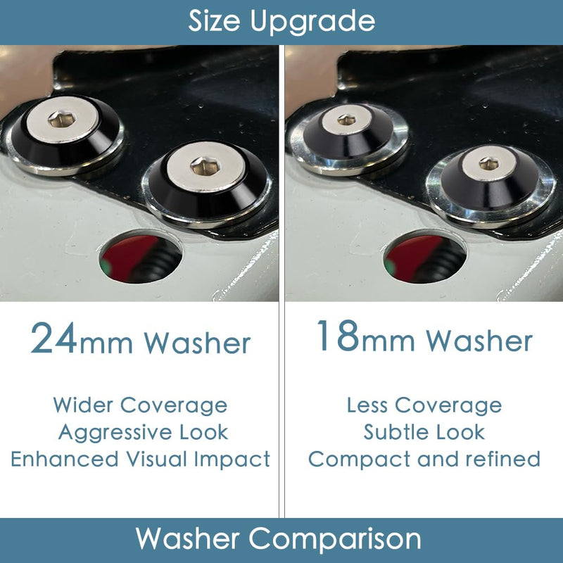 M8 24mm Aluminum Washer Bolt Kit for Exterior Bodykit Black | 24-set · engine bay dress-up · fender flares · bumpers · 5mm thick · rivet + nylon nuts · rubber spacers · CNC machined M8