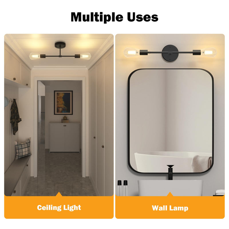 FadimiKoo 2-Light Black Bathroom Light Over Mirror, Modern Sconces Wall Lighting Fixtures, Indoor Semi Flush Mount Ceiling Light for Hallway Bedroom Kitchen (1 Pack) 1 Pack