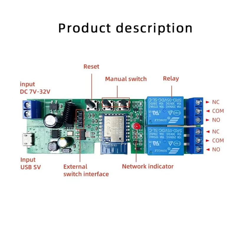 2 Channel Tuya Smart Life WiFi Momentary Inching Relay Self-Locking Switch Module,DC/AC 7-32V WiFi RF Bluetooth Relay, Compatible with Alexa Goolge Home 2CH