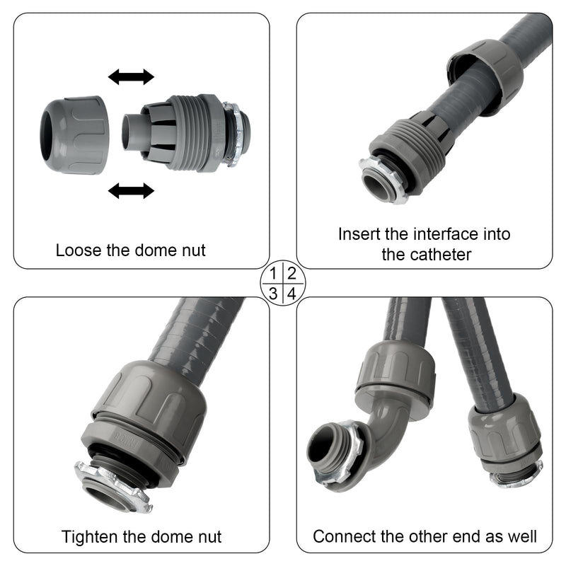 Electrical Conduit Kit 1/2'' 4FT Grey Electrical AC Whip Kit, Liquid-Tight Flexible Electrical Conduit with 90 Degree and Straight Connector Fittings 1/2inch 4ft