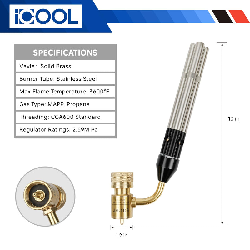 ICOOL Triple Flame Hand Torch, Maximum Temperature 3600℉, Propane MAPP Gas Torch for Welding Brazing Plumbing HVAC