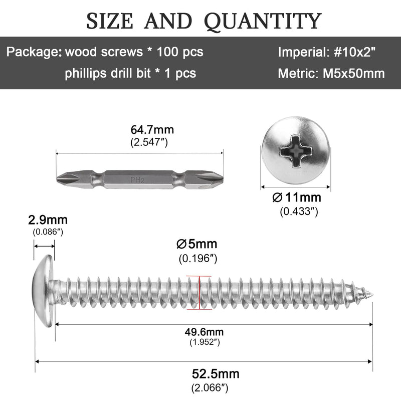 #10 x 2 Wood Screws Truss Head Phillips Drive 304 Stainless Steel Self Tapping Screws 100pcs HS/ZGLS-03 #10 x 2"