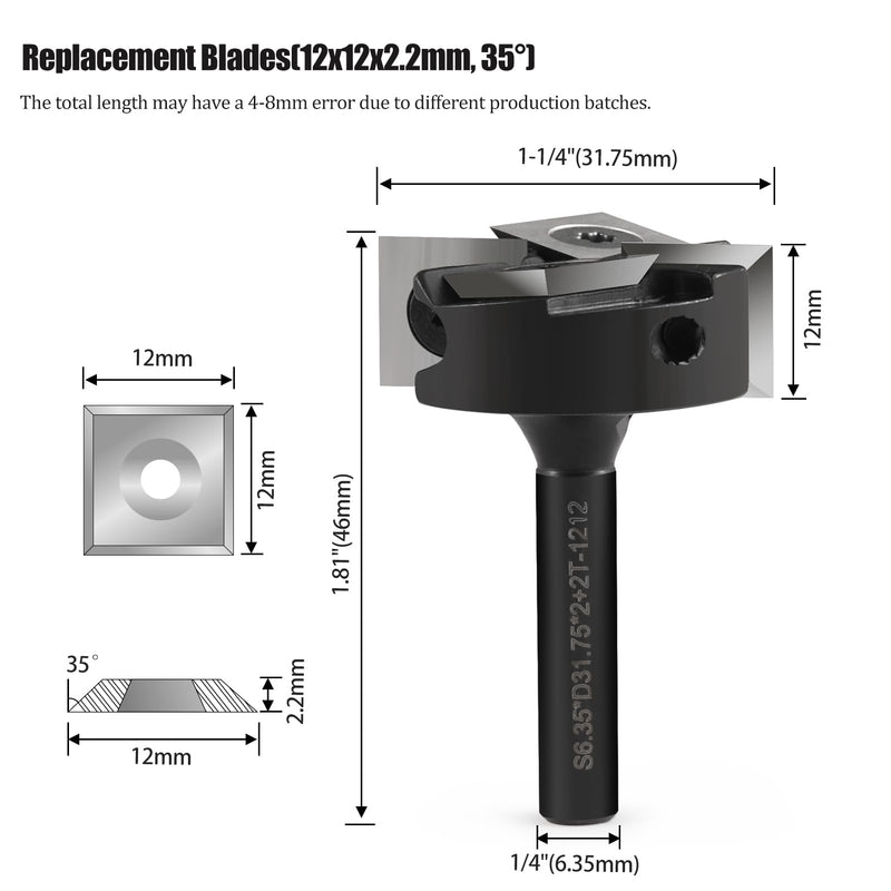 CNC Spoilboard Surfacing Router Bits 1/4'' Shank Wood Planer Bit Surfacing Bit with 2+2 Indexable Inserts, Carbide Milling Cutter Slab Flattening Planning Bit for Woodworking Engraving