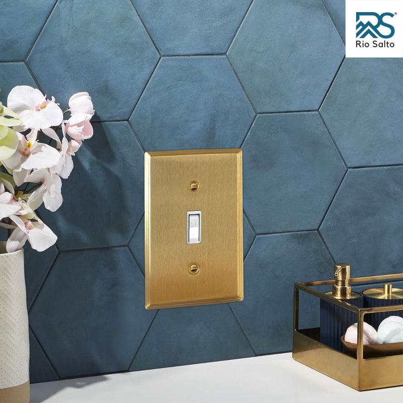 Rio Salto BRASS Modern Metal Gold Toggle Light Switch Covers Wall Plate Single Toggle Switch Wallplate Decorative Gold 1 Gang Wall Switch Plate Covers Genuine Brushed Brass Standard Size Toggle Switch 1-Gang (1-Pack)