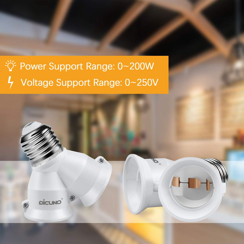DiCUNO 2 in 1 E26 Socket Splitter Adapter, Two E26 Standard Medium Base Bulbs in One Socket Y-Shape Lamp Holder Converter, Maximum 200W and 165℃ Heat Resistant Light Bulb Splitter 6Pcs 6