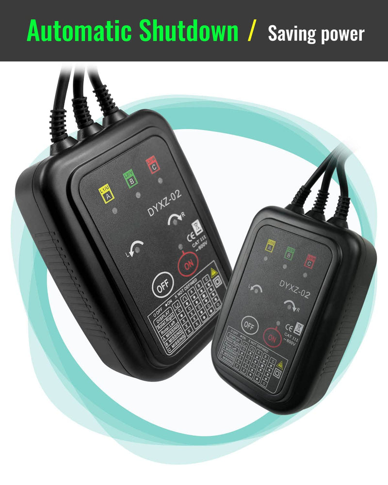 3 Phase Rotation Tester Non Contact Rotation Meter AC 70~600V | High Magnetic Induction Phase Sequence Detector with 22 Inch Clamp Lead, LED, Carrying Bag Auto Power Off Phase Meter DYXZ-02