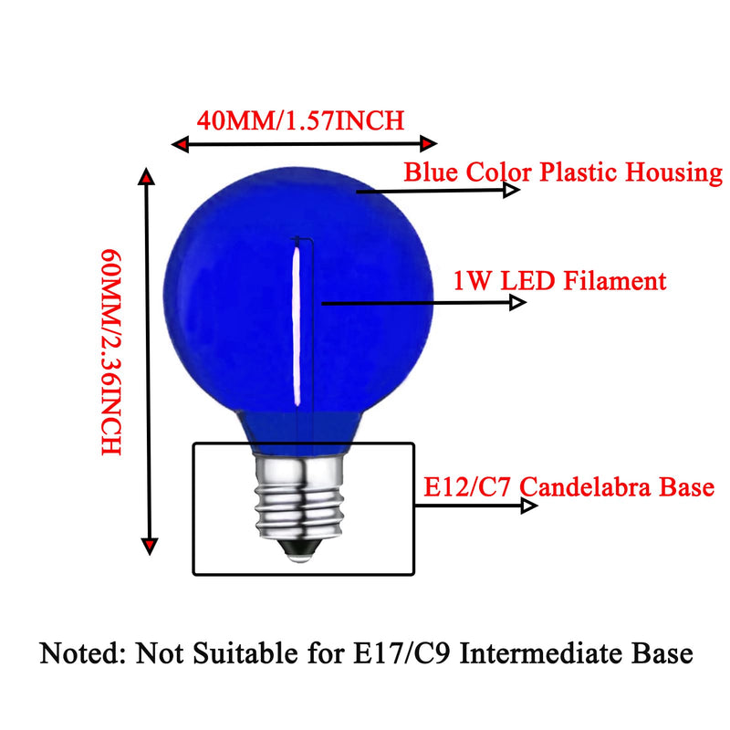 G40 Blue LED Replacement Bulb 1W Light Bulbs Shatterproof Waterproof LED Outdoor String Lights Decorative Night Light E12/C7 Candelabra Base for Wedding Patio Garden Yard,15 Pack(Blue)