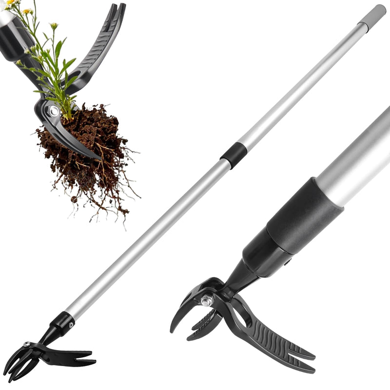 Hoffen Adjustable Stand Up Weeder (33-55 Inch), Lightweight Aluminum Weed Puller Tool, Telescoping Rotating Handle, 4-Claw Rust-Free, Corrosion-Resistant Gardening Tool for All Ages, Easy to Store
