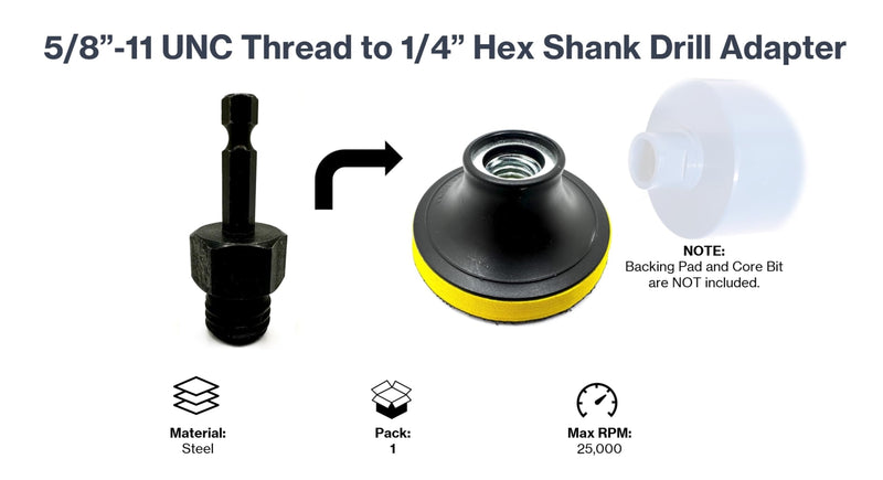 5/8" to 1/4" Hex Drill Adapter Converts 2" to 6" Polisher Pad Backing Plates or Core Drill Bit with 5/8”-11 UNC Thread to 1/4" Hex Shank for Use with Drills and Drill Press (1 Pack)