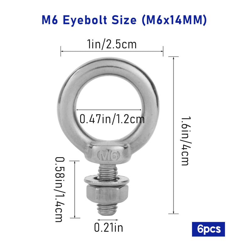 6 Pack M6 Eye Bolts with Nuts Stainless Steel M6 Screw Eyebolt Heavy Duty Eye Bolt Male Screw Thread Ring Shoulder Eye Bolts