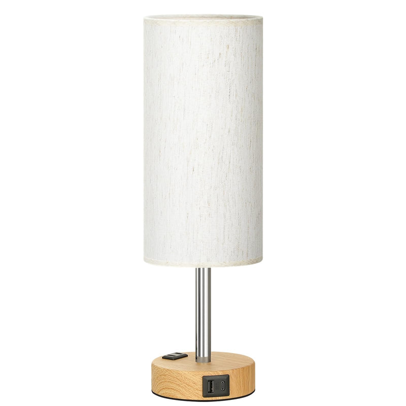 Bedside Table Lamp for Bedroom - 3 Way Dimmable Touch Lamp USB C Charging Ports and AC Outlet, Small Lamp Wood Base Round Flaxen Fabric Shade for Living Room, Desk, LED Bulb Included Cream Shade-Wood Base 14" Touch Control