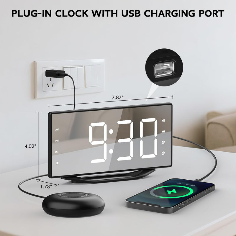OnLyee Vibrating Alarm Clock with 8.7” LED Mirror for Heavy Sleepers & Hearing Impaired, Bed Shaker & 3 Wake-Up Modes, Dual Alarms, USB Charging, Adjustable Brightness, Snooze Function Black+Bed Shaker