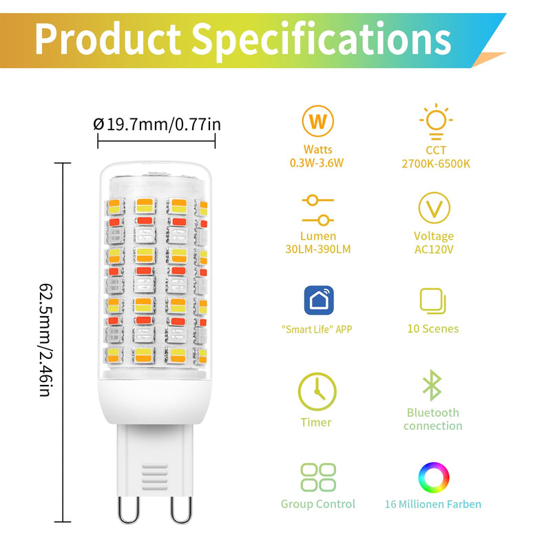 I-SHUNFA Smart G9 RGBCW LED Bulbs, App & Remote Control, AC 120V, 2700K-6500K + 16M Colors, Dimmable 1%-100%, 4W 400LM, Music Sync, Timer (3 Pack with Remote)