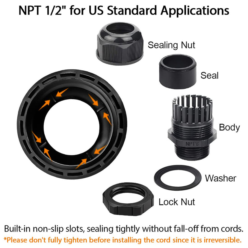LeMotech 5 Pack NPT 1/2" Cable Glands Waterproof Adjustable 6-12mm Cable Connectors Black Nylon Joints with Gaskets 1/2inch 5-pack