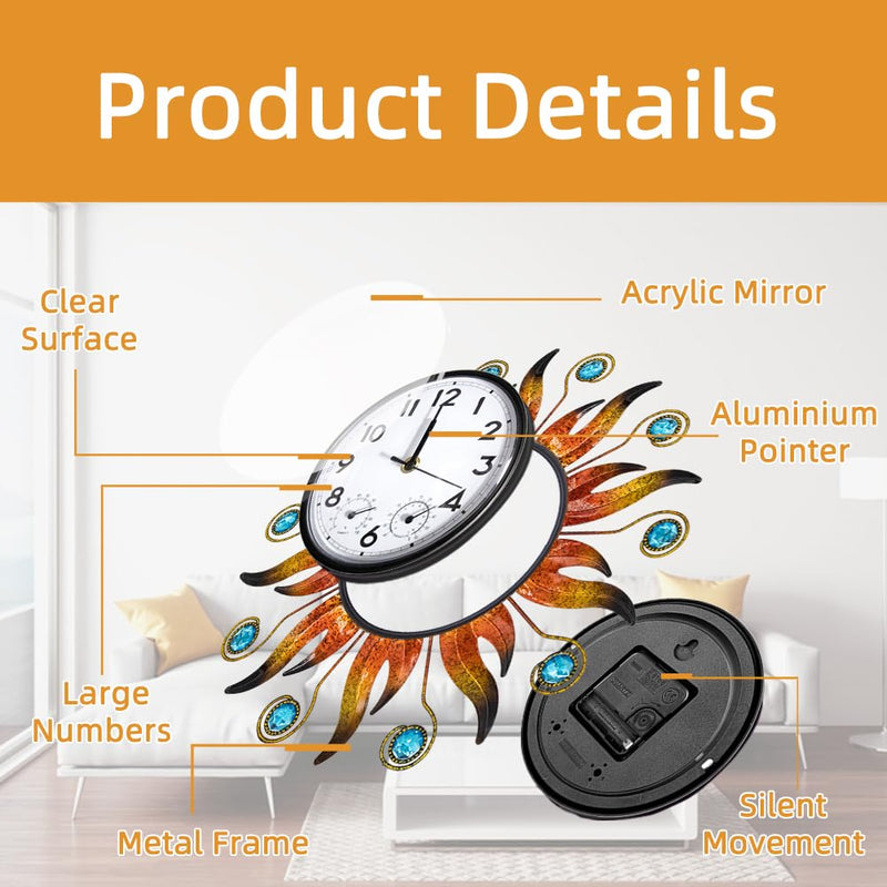 Sun Outdoor Clock with Thermometer and Hygrometer Combo, Silent No-Ticking Outdoor Wall Clock, Waterproof Quartz Clock for Patio, Living Room, Kitchen, Garden, 13 Inch Orange-sun