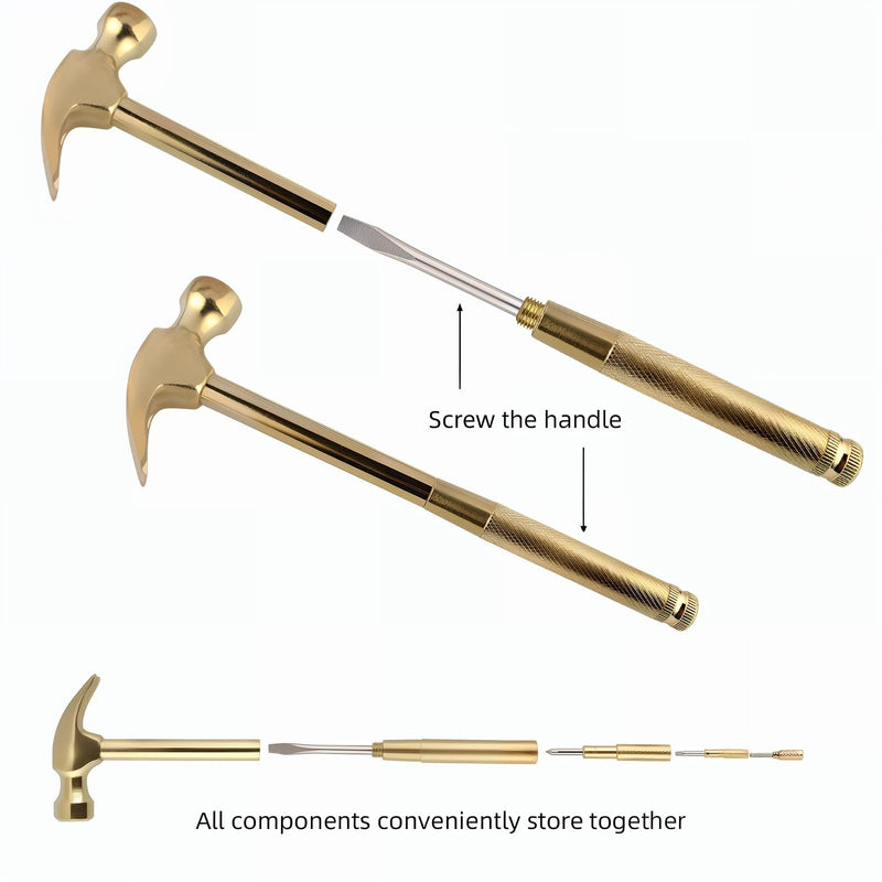Multifunction Hammer 6 in 1 with Slotted/Flat Head Phillips Screwdriver Claw Hammer Manual, Portable Metal Mini Tool Hammer (Gold) Gold