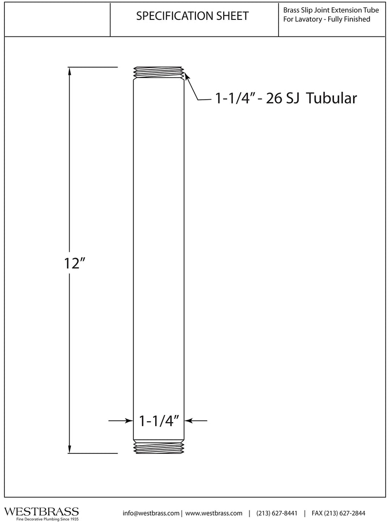 Westbrass A419-01 1-1/4" OD x 12" Double End Threaded Lavatory Sink Drain Extension Tailpiece, Polished Brass