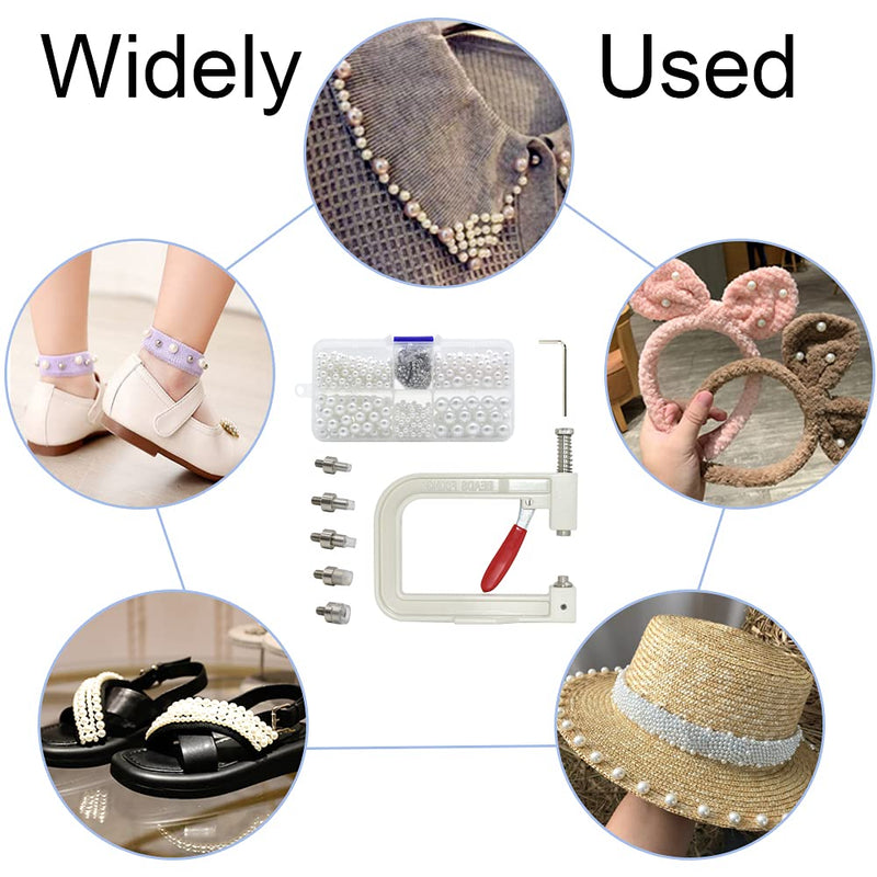 Pearl Handmade Setting Machine, Beads Rivet Fixing Machine with 5 Sizes of Round Pearl Beads Rivet Studs for Hats/Shoes/Clothes/Bags/Skirts