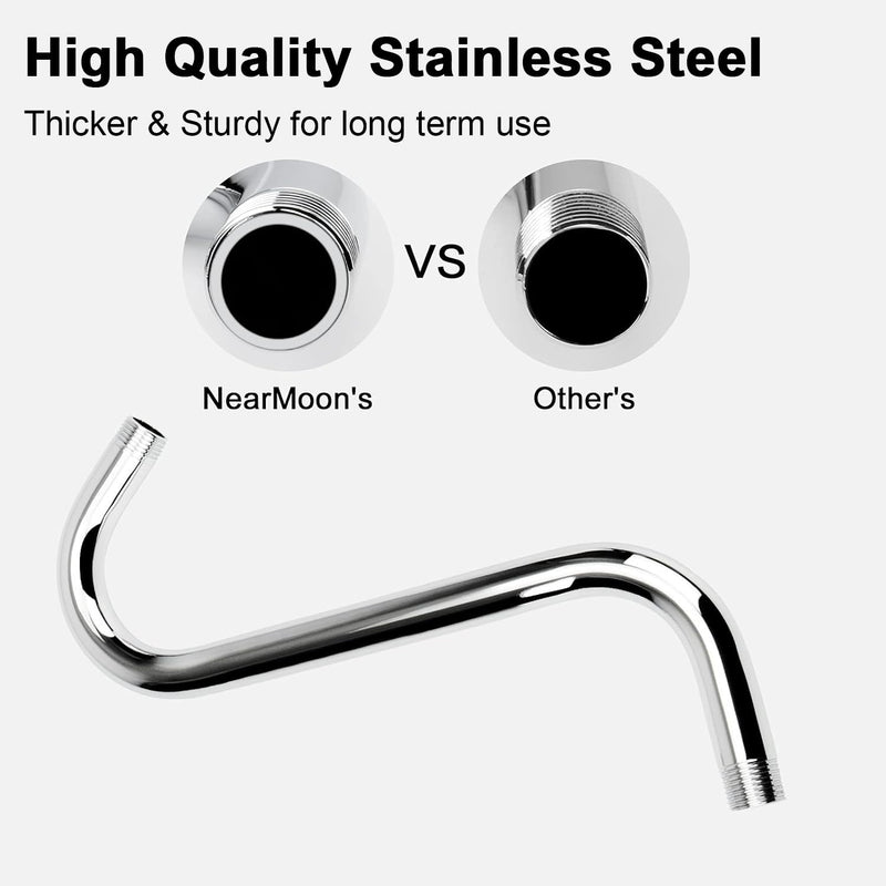 NearMoon S Shaped Shower Head Riser Pipe, Shower Head Extender Arm with Flange, Standard 1/2" Connection- Bathroom Accessory, 12 Inch (1 Pack, Chrome)