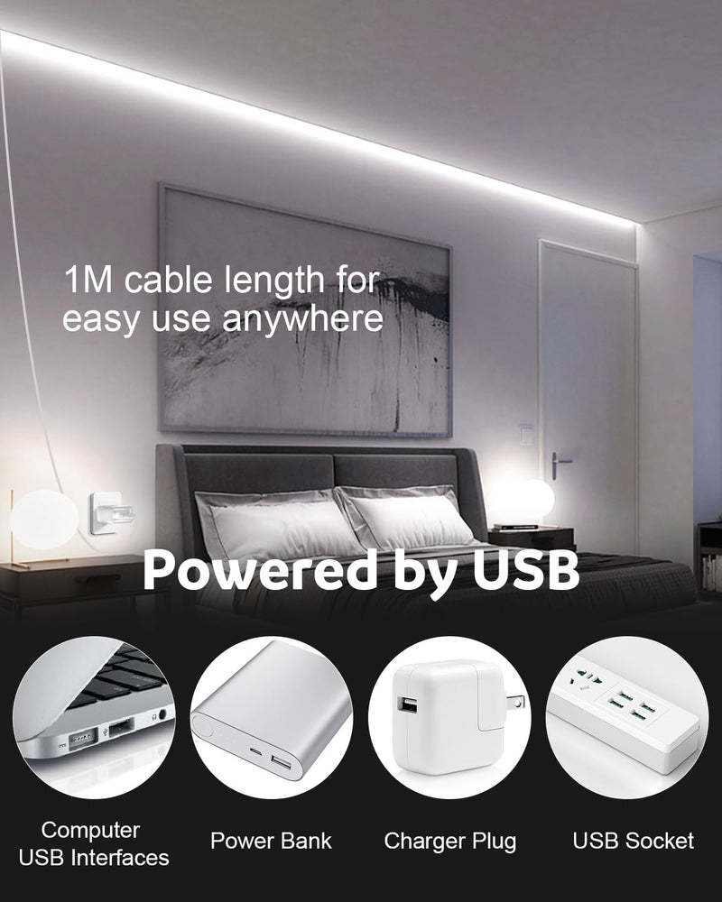 Aclorol USB Led Light Strip COB Led Strip Lights 5V Daylight Cold White 6000K 3.28FT 320Leds Flexible TV Led Lights USB Powered 1M for Under Cabinet Kitchen Living Room Shelving or Displays 1M/3.28FT