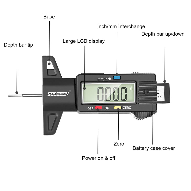 GODESON Digital Tyre Tread Depth Gauge UK,0-25.4 Mm Inch Tyre Guage Digital with Large LCD Display and Tire Tread Depth Measuring Tool for Cars,Trucks,Moto LARGE LCD SCREEN