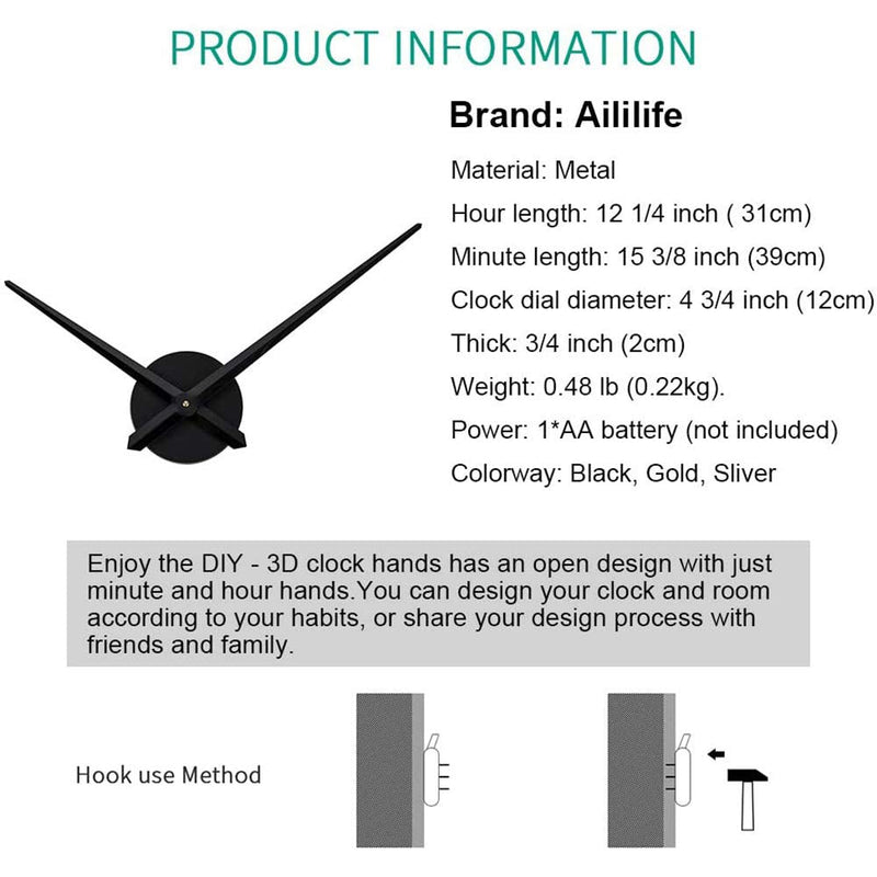 AILILIFE 3D Clock Hands, DIY Large Clock Movement Mechanism with 12 Inch Long Spade Hand, 3D Wall Clocks Home Decor Alat001-black