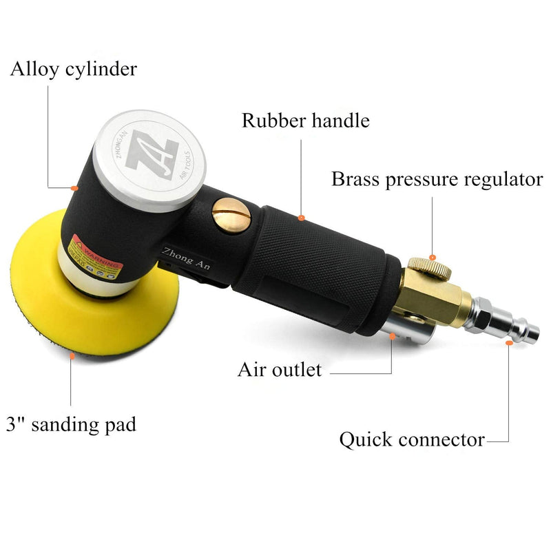 2 3-inch Mini Orbital Sander da sander Air Dual Action Sander Air Polisher Super Smooth and Swirl Freely for Auto Body Work (BLACK) Black