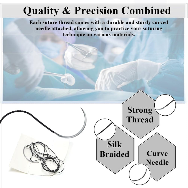 HTI Training Suture Thread 2-0 Silk Sterile with Needle Box of 12 Pcs for Nursing Student Training Kit RN, EMT, Vet Demo