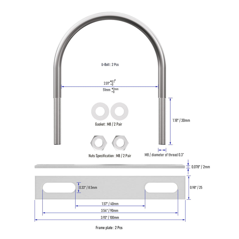 2 Sets 304 Stainless Steel Round Bend U-Bolts 2.01"(51mm) Inner Width 3.07"(78mm) Length M8 with Nuts, Frame Plate, Washers, Accessories for Boat Trailer Axle Sailboat Trailer 51×78mm(W*L)