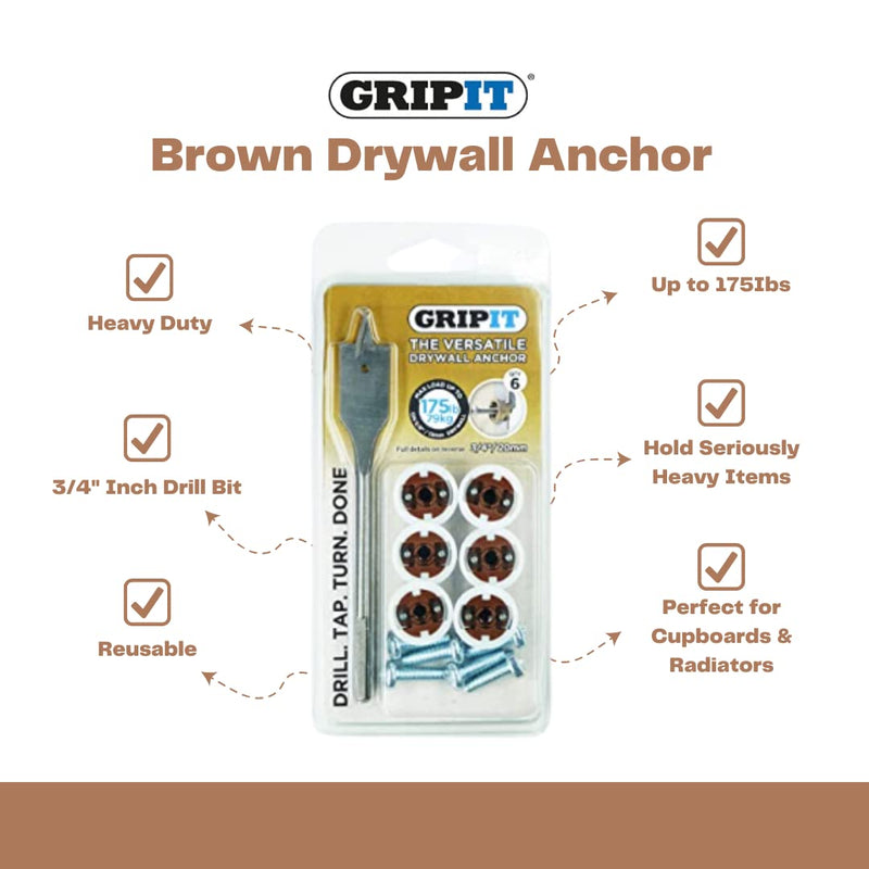 Brown Drywall Anchors (Up to 175Ibs/79kg) | Heavy Duty Drywall Anchors | Wall Anchors and Screws for Drywall | Anchors and Screws Kit | Plaster Wall Anchors | 3/4" Inch Drill Bit | Reusable 3/4" / 20mm (Holds 175lbs)