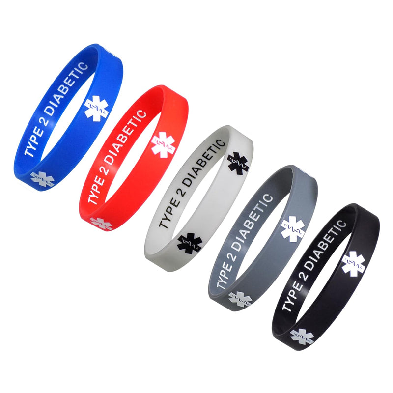 Type 2 Diabetic Discreet Medical Alert ID Silicone Bracelets Wristbands 5 Pack